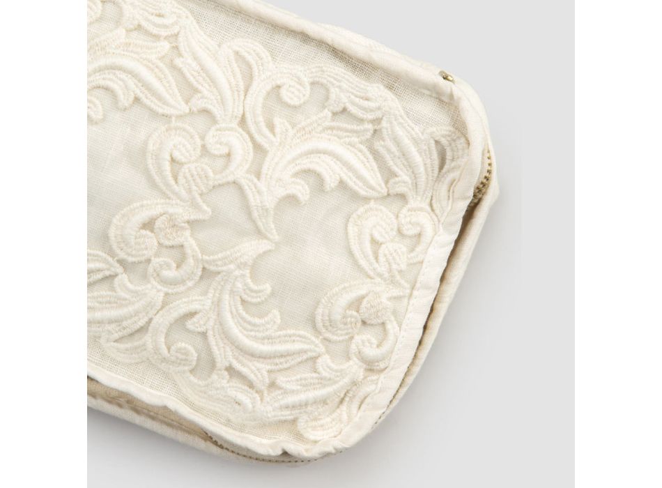 Medium kosmetikaväska i linne och bomull med Farnese spets och dragkedja - Mike Viadurini