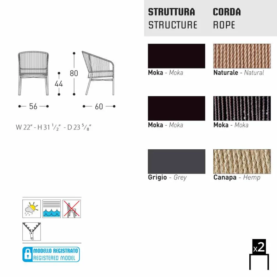 Varaschin Cricket stol med handvävda yttre, 2 stycken Viadurini