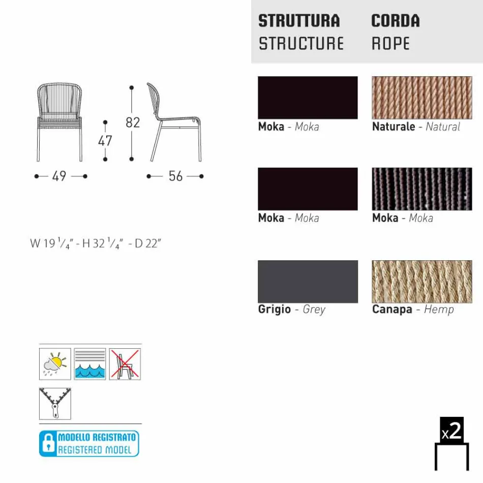 Varaschin Cricket utomhus stol modern vävda för hand, 2 st Viadurini