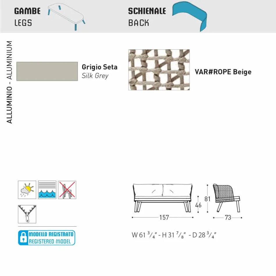 Varaschin Emma modern tvåsitsad stoppad trädgårdssoffa Viadurini