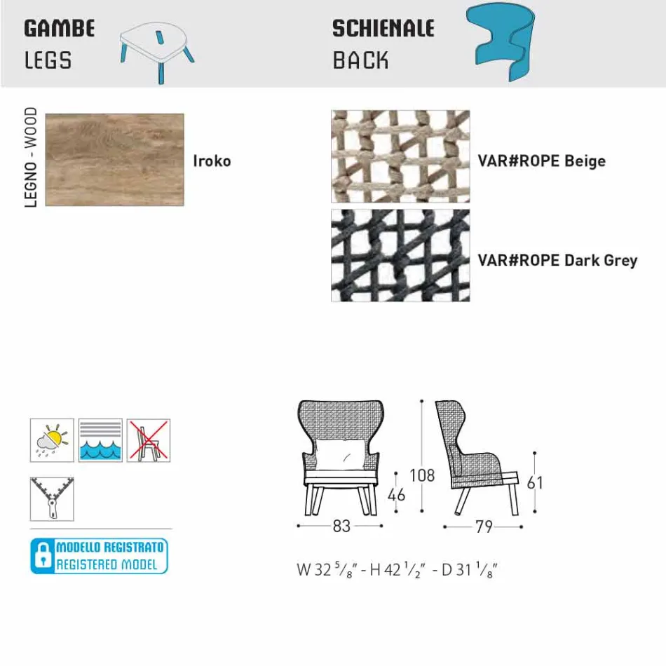 Varaschin Emma vadderad utomhus fåtölj med modern design Viadurini