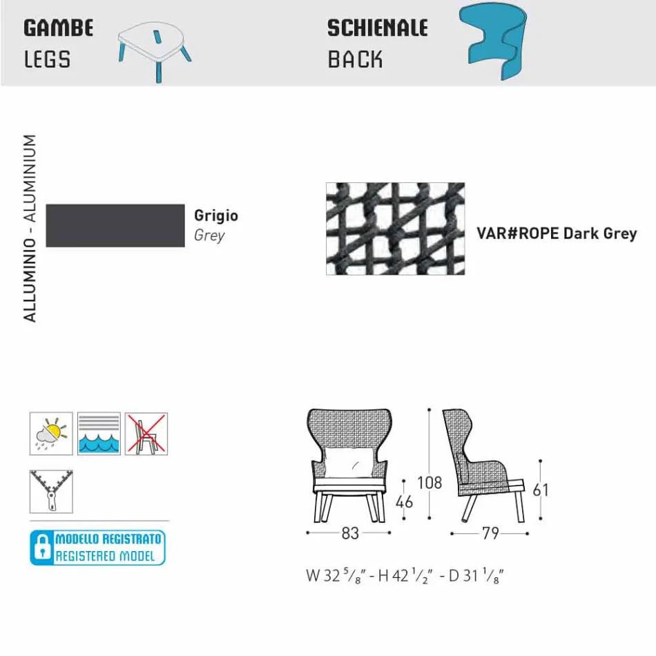 Varaschin Emma modern utomhus fåtölj med tyg nackstöd Viadurini