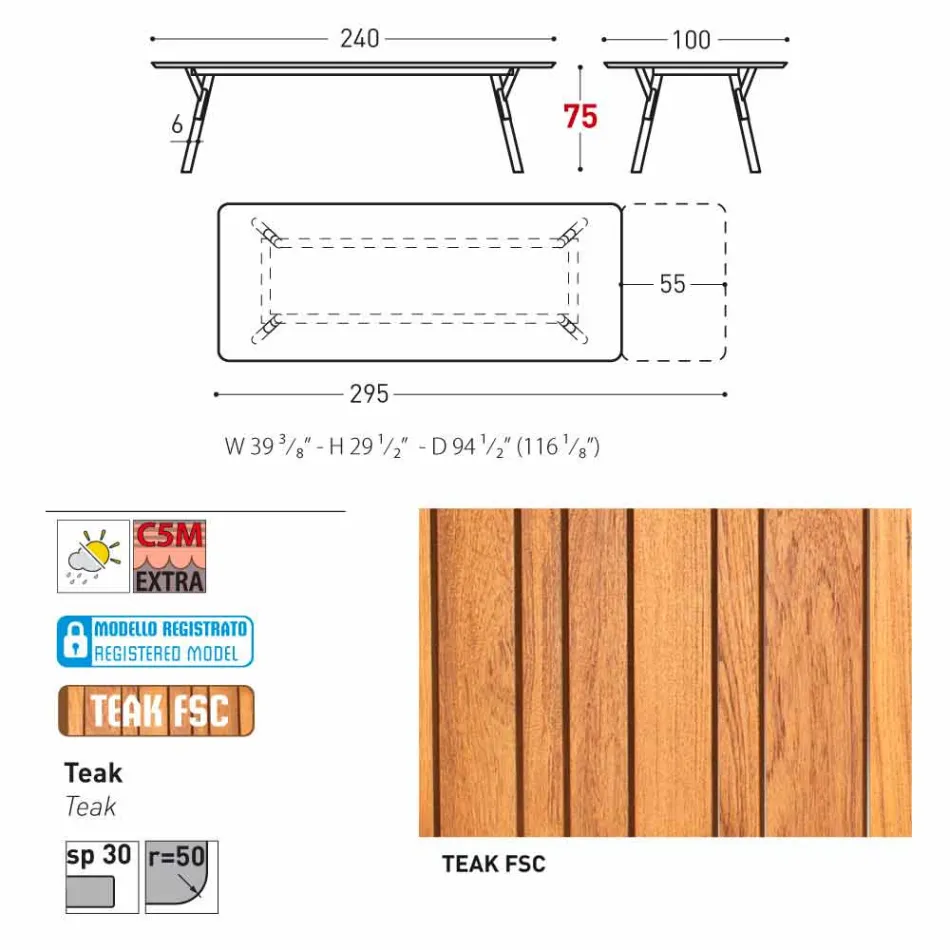 Varaschin Link trädgård förlängning bord med teak ben, H75 cm Viadurini