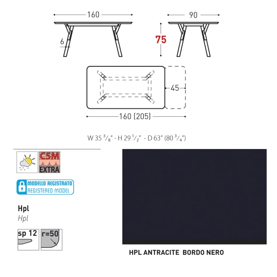 Varaschin Link modern design utdragbart trädgårdsbord, H 73,2 cm Viadurini