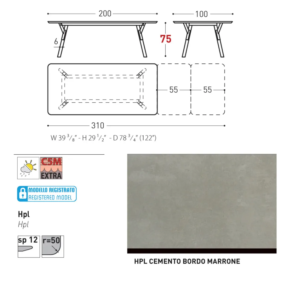 Varaschin Link modern design utdragbart trädgårdsbord, H 73,2 cm Viadurini