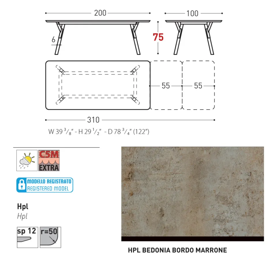 Varaschin Link modern design utdragbart trädgårdsbord, H 73,2 cm Viadurini