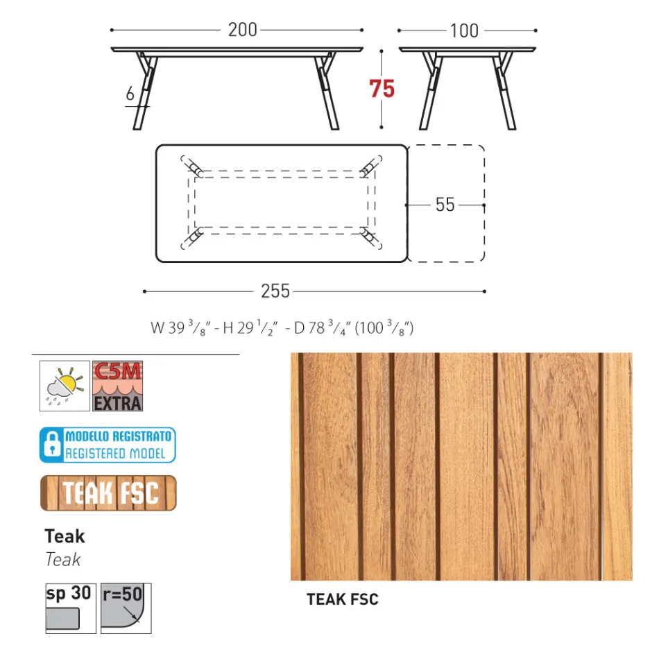 Varaschin Link modern design utdragbart trädgårdsbord, H 73,2 cm Viadurini