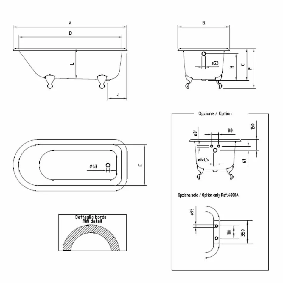 Vintage fristående designbadkar i vitt gjutjärn, tillverkat i Italien - Marwa Viadurini