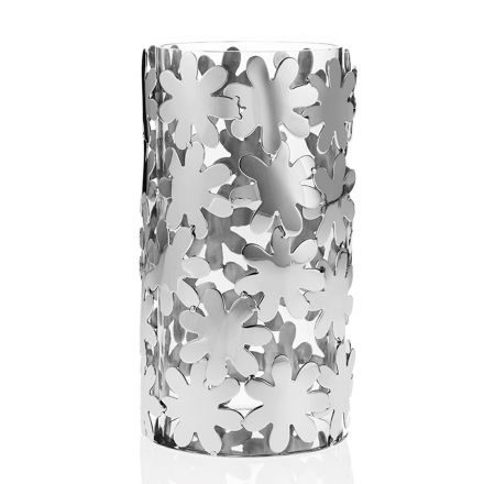 Cylindrisk vas i glas och silvermetall och lyxig blomsterdekoration - Terraceo Viadurini