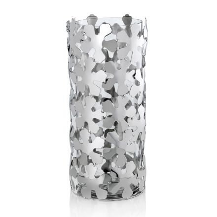 Vas i silvermetall och glas Elegant cylindrisk design med blommor - Megghy Viadurini