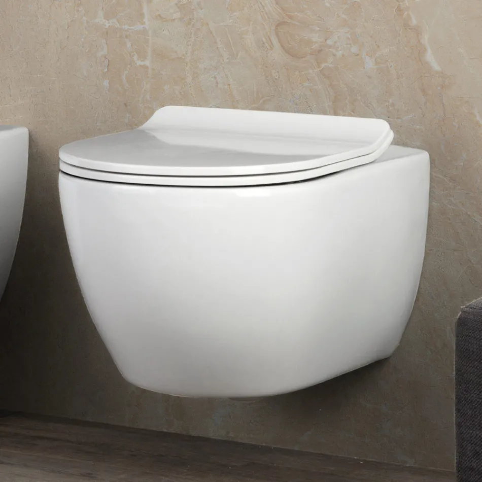 Aster Vit Keramik Vägghängd Randlös Toalett med Soft-Close-Sits Viadurini