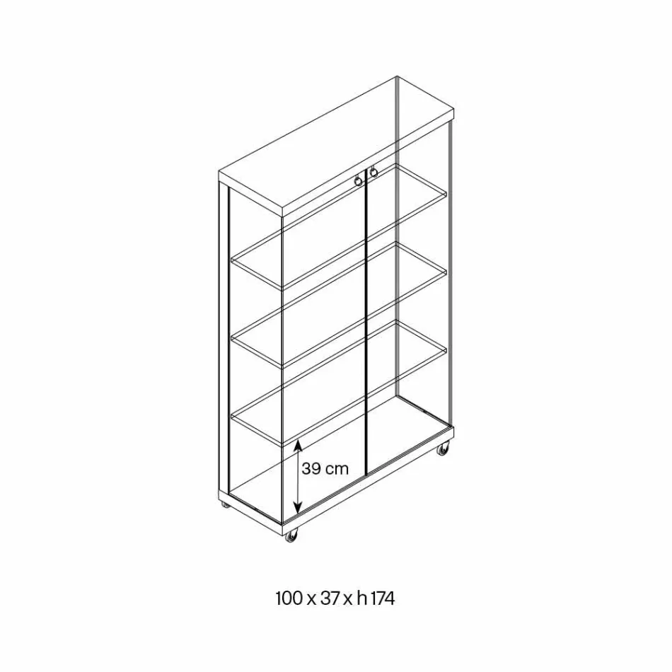 Wall Showcase i glas och vitt trä, hjul och upplysta hyllor - Armilla Viadurini