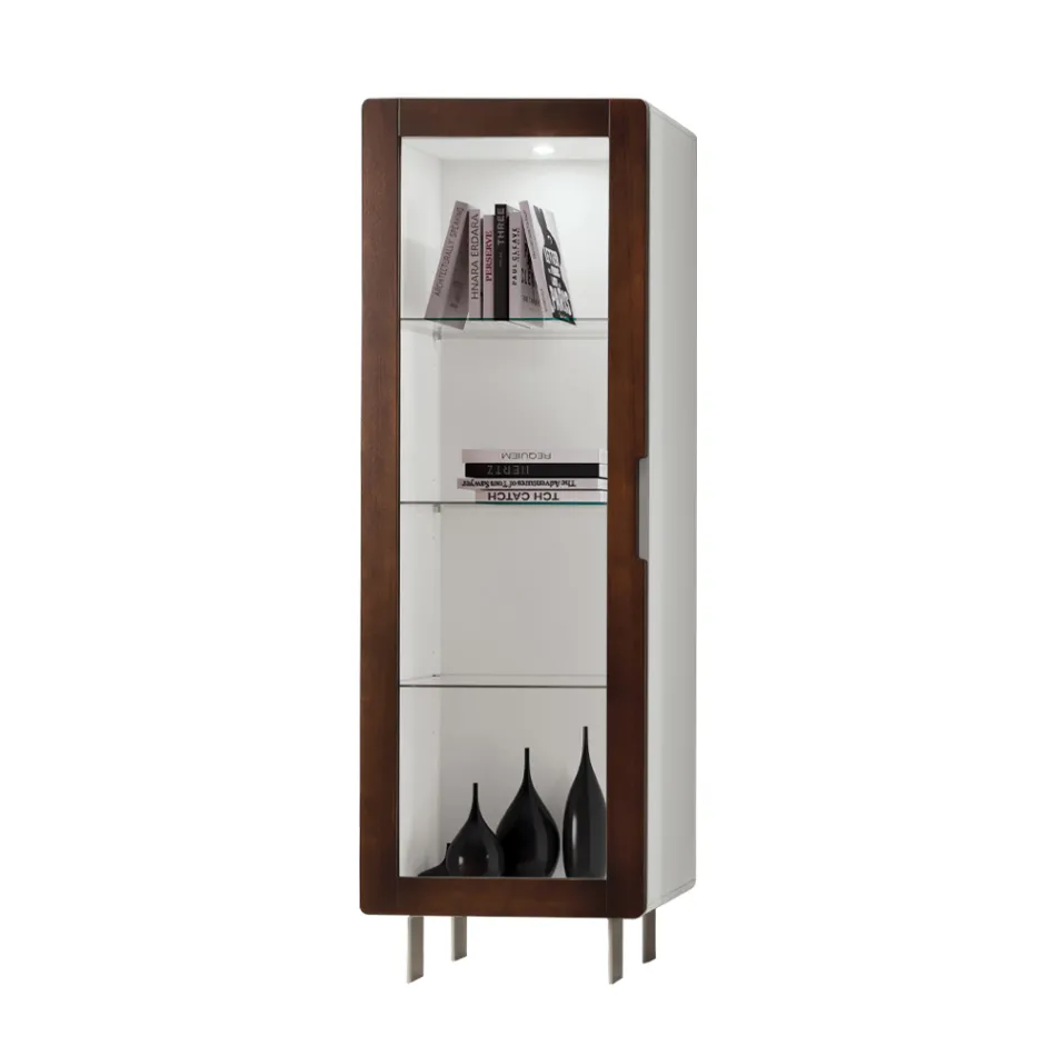 Vitrin för vardagsrum med 1 dörr i vitt och Canaletto-finish Made in Italy - Gerd Viadurini