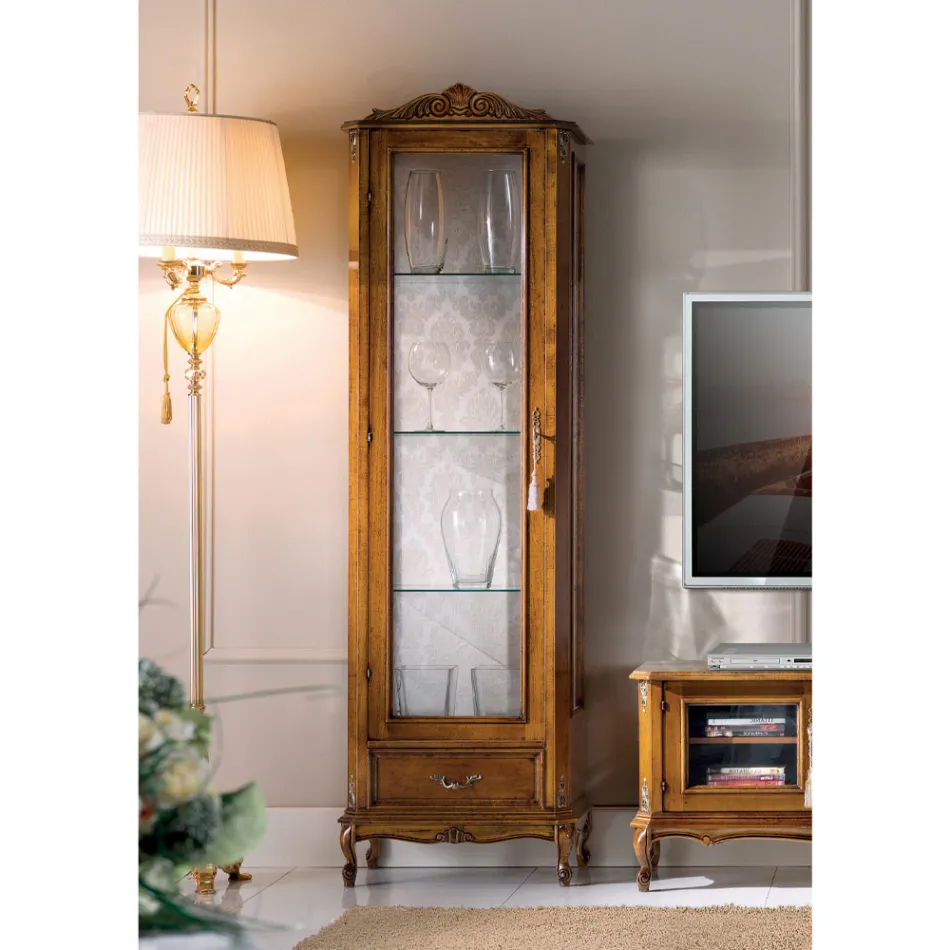 Classic Living Room Showcase i valnötsträ 1 dörr Tillverkad i Italien - Ronald Viadurini