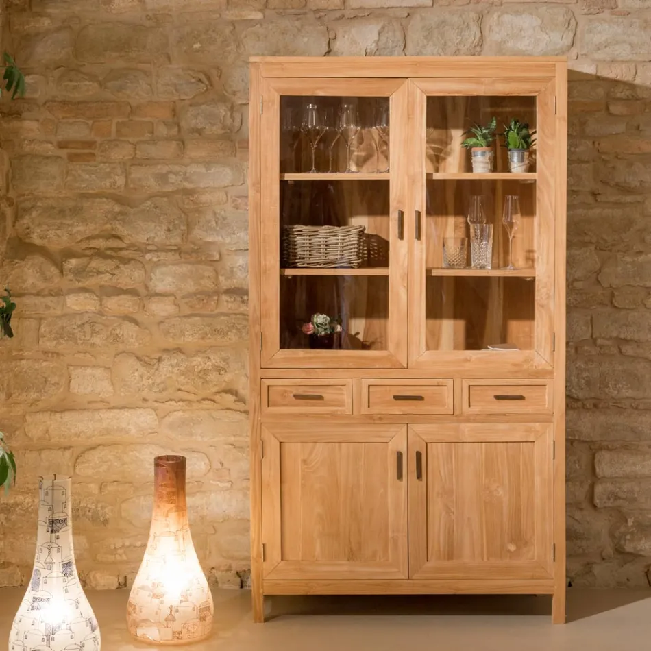 Sanda vitrinskåp i massiv teak med 4 dörrar och 3 lådor för vardagsrummet Viadurini