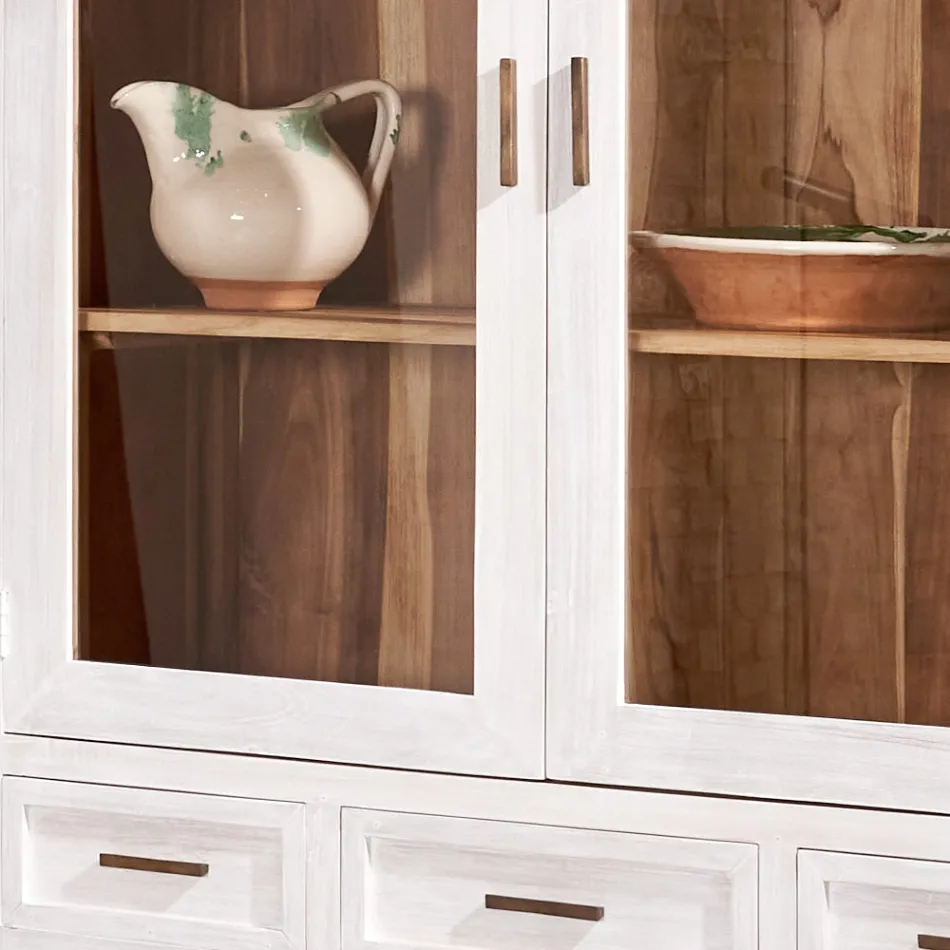 Sanda vitrinskåp i massiv teak med 4 dörrar och 3 lådor för vardagsrummet Viadurini