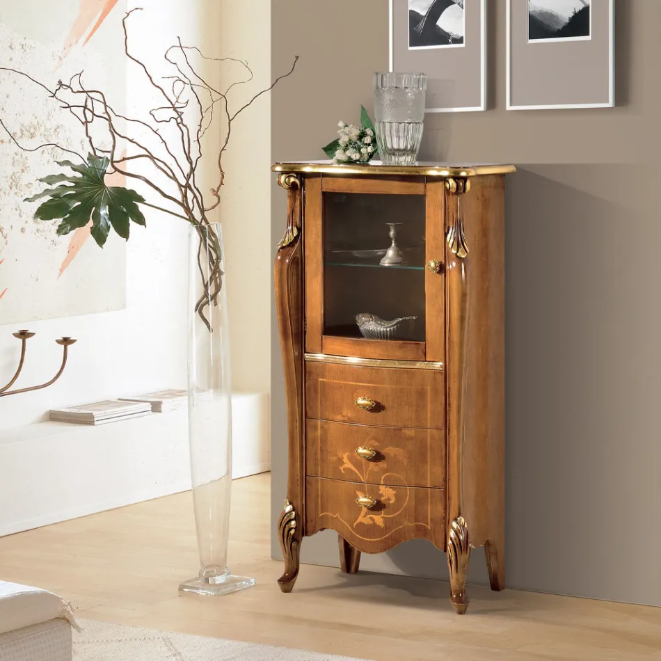 Living Room Showcase med 1 glasdörr och 3 lådor Tillverkad i Italien - London Viadurini